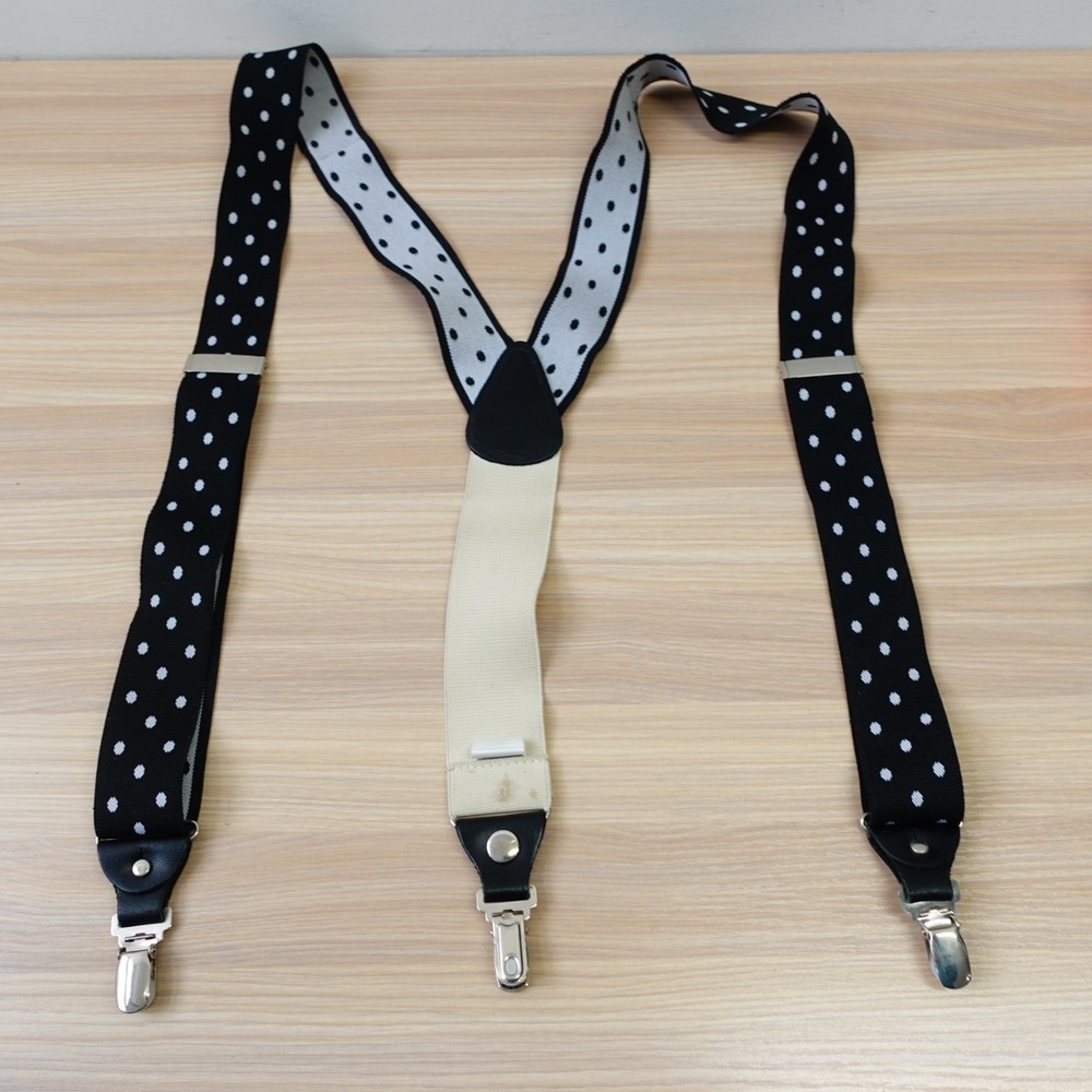 Suspender Men Black White Polka Dot Clip On Y Back Elastic Adjustable Rockabilly